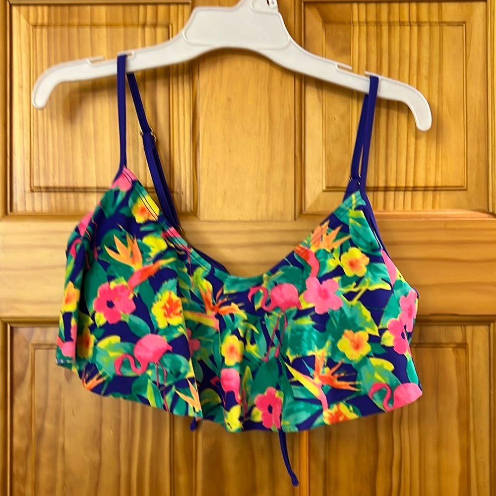 Flounced bathing/swim top, bright colors, flamingos, never been worn